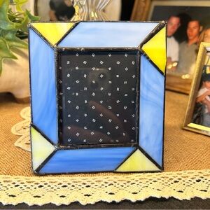 Stained glass small photo frame yellow and blue geometric border 4.75" x 4.25"
